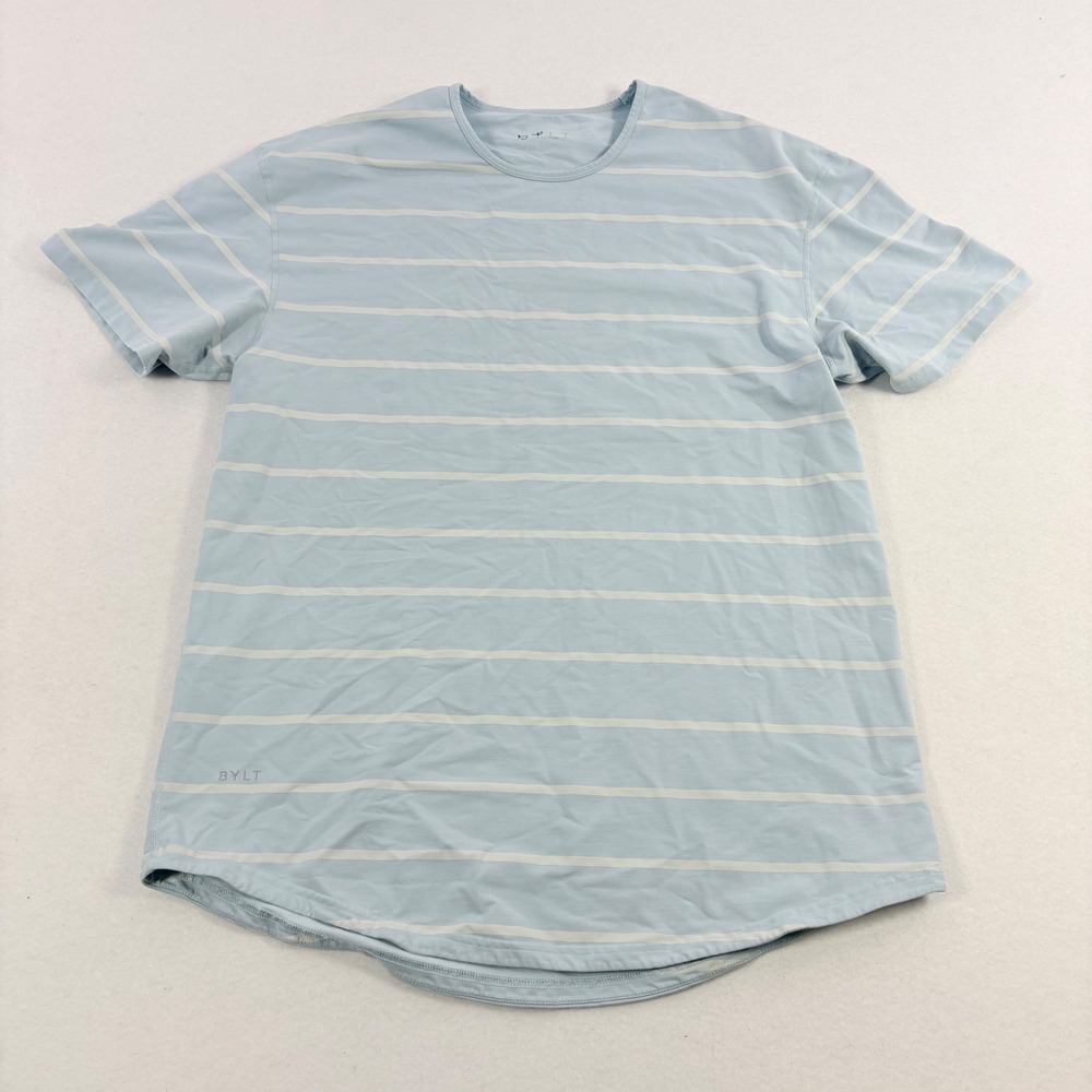 BYLT Drop Cut T-Shirt Mens XL Blue White Striped Short Sleeve Tee Athleisure